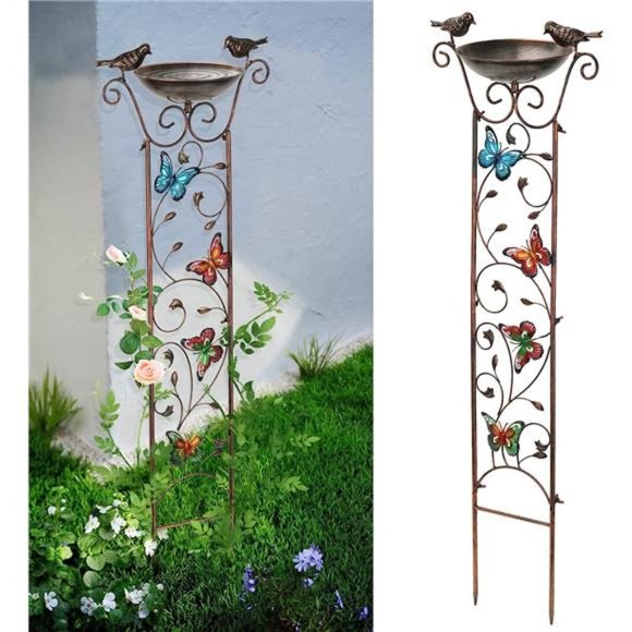 Bird Bath with Trellis Outdoor,Antique Garden Iron Plant Trellis with Decorative - Picture 1 of 6